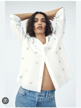 Zara White Embellished Button-Down Shirt - NWT
